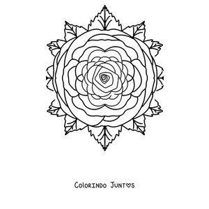 Desenho para colorir de uma mandala de primavera com uma rosa no centro e folhas ao redor