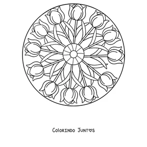 Desenho para colorir de uma mandala de primavera com tulipas em círculo ao redor do centro