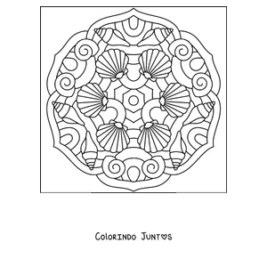 Desenho para colorir de uma mandala de verão formada por conchas e búzios do mar