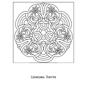 Desenho para colorir de uma mandala de verão com palmeiras, cocos e ondas