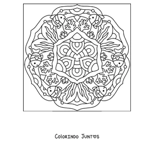Desenho para colorir de uma mandala de verão com peixes tropicais e corais