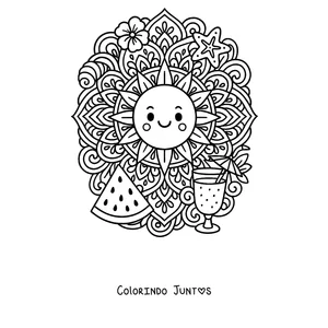 Desenho para colorir de uma mandala de verão com um sol sorridente, melancia, flor e estrela-do-mar
