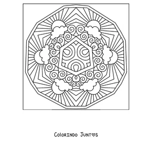 Desenho para colorir de uma mandala de verão com um sol de raios longos e nuvens