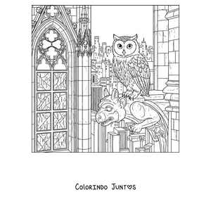 Desenho para colorir de um Meowl ao lado de um vitral gótico