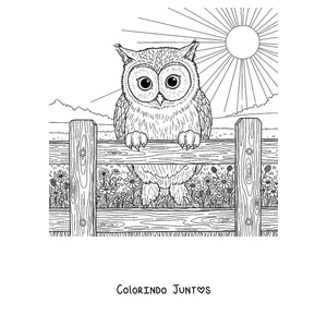 Desenho para colorir de um Meowl pousado numa cerca ao sol