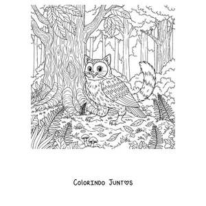 Desenho para colorir de um Meowl na floresta entre as árvores