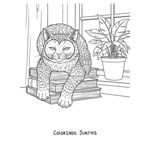 Desenho para colorir de um Meowl descansando sobre uma pilha de livros