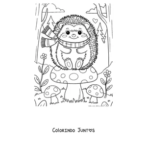 Desenho para colorir de um ouriço de cachecol entre os cogumelos