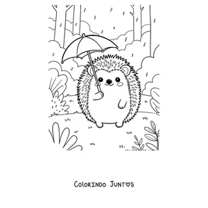 Desenho para colorir de um ouriço com guarda-chuva na chuva