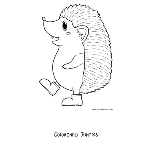 Desenho para colorir de um ouriço caminhando sobre duas patas de botas