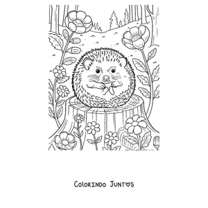 Desenho para colorir de um ouriço enrolado numa bola sobre um tronco