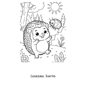 Desenho para colorir de um ouriço bebê brincando com uma joaninha