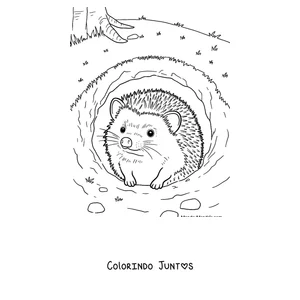 Desenho para colorir de um ouriço espiando de sua toca