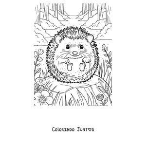 Desenho para colorir de um ouriço sentado num tronco da floresta