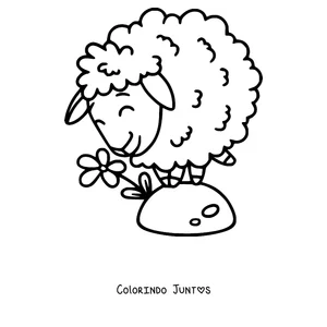 Desenho para colorir de ovelha cheirando uma flor