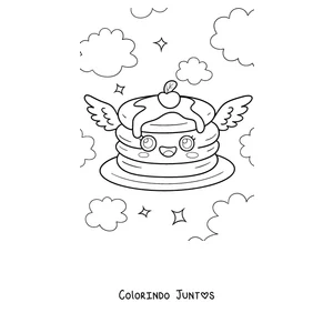 Desenho para colorir de uma panqueca com asas voando nas nuvens