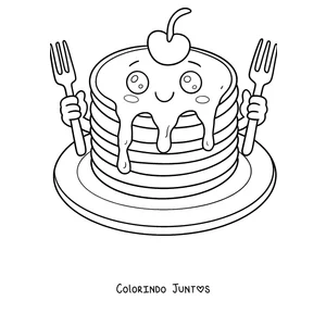 Desenho para colorir de uma panqueca sorridente com uma cereja em cima
