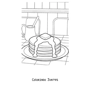 Desenho para colorir de uma pilha de panquecas com manteiga e calda