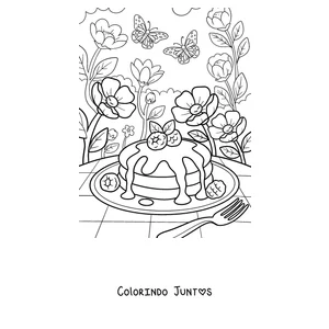 Desenho para colorir de panquecas com morangos num jardim com borboletas