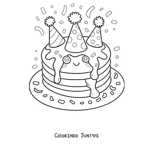 Desenho para colorir de panquecas de aniversário com chapéus de festa e confete