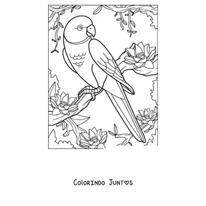 Desenho para colorir de um papagaio de cauda longa pousado em uma árvore