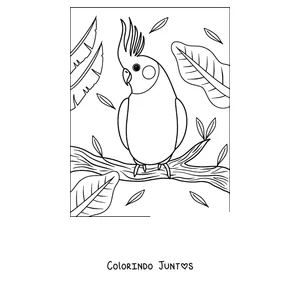 Desenho para colorir de um papagaio com topete pousado em um galho