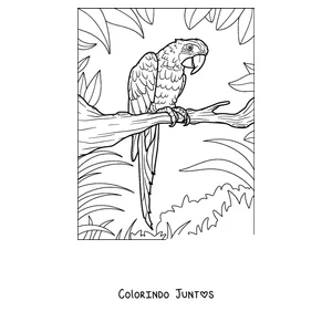 Desenho para colorir de um papagaio detalhado pousado em um galho com folhas