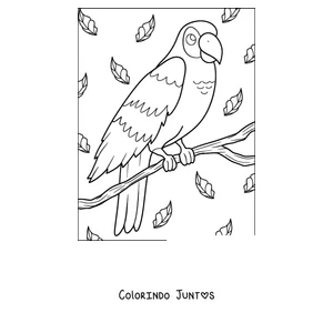 Desenho para colorir de um papagaio pousado entre as folhas
