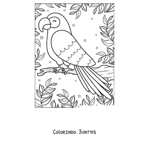 Desenho para colorir de um papagaio sorridente pousado entre folhas