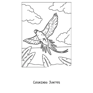 Desenho para colorir de um papagaio tropical voando sobre a selva