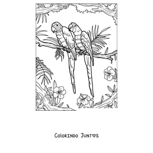 Desenho para colorir de dois papagaios pousados juntos em um galho