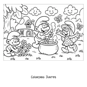 Desenho para colorir do Papai Smurf preparando uma poção no caldeirão