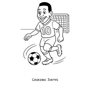 Desenho para colorir do Pelé em desenho correndo com a bola até o gol