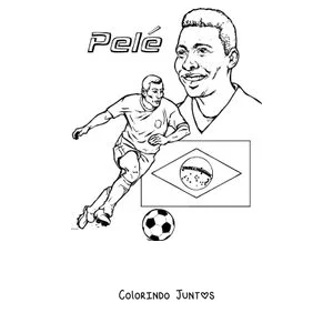 Desenho para colorir do Pelé driblando com a bandeira do Brasil