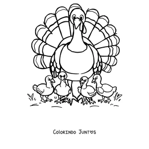 Desenho para colorir de um peru com seus filhotes ao lado