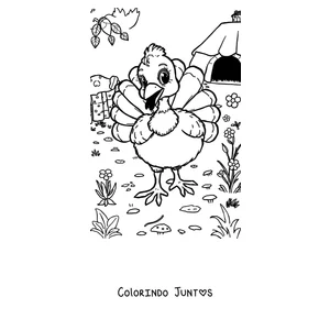 Desenho para colorir de um peru feliz passeando pelo campo