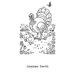 Desenho para colorir de um peru rodeado de folhas de outono
