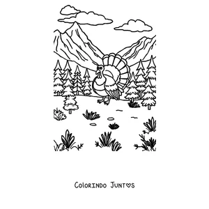 Desenho para colorir de um peru em uma paisagem de montanha
