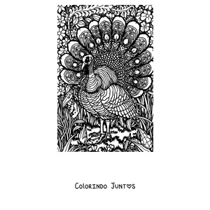 Desenho para colorir de um peru com as penas cheias de desenhos