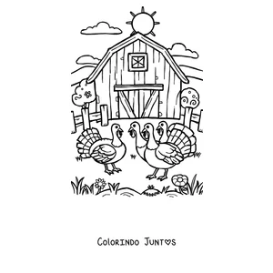 Desenho para colorir de dois perus em frente ao celeiro
