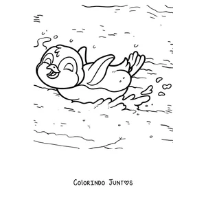 Desenho para colorir de um pinguim deslizando de barriga