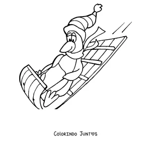 Desenho para colorir de um pinguim descendo de trenó