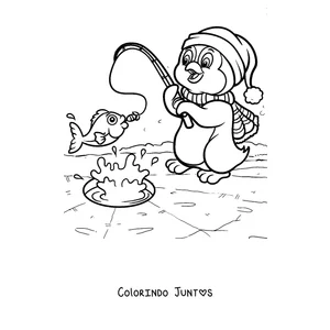 Desenho para colorir de um pinguim pescando no gelo