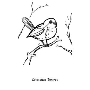 Desenho para colorir de um pisco-de-peito-ruivo entre galhos secos no inverno