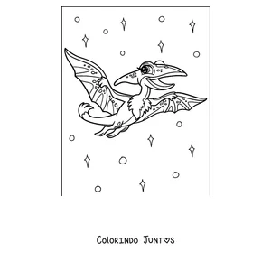 Desenho para colorir de um pterodáctilo de desenho voando entre estrelas
