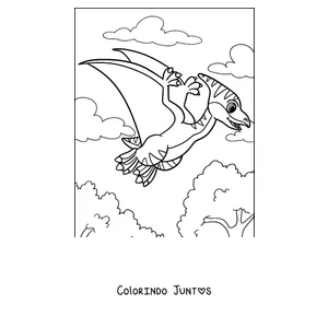 Desenho para colorir de um pterodáctilo kawaii voando sobre as colinas