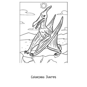 Desenho para colorir de um pterodáctilo em pé sobre um penhasco