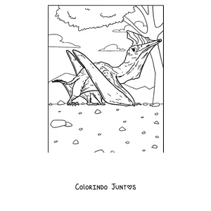 Desenho para colorir de um pterodáctilo descansando perto de uma árvore