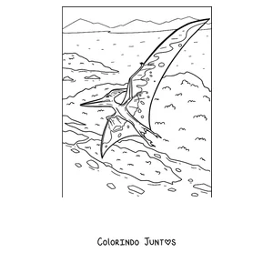 Desenho para colorir de um pterodáctilo planando sobre uma ilha