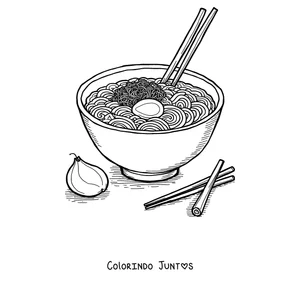 Desenho para colorir de uma tigela de ramen com ovo, macarrão e palitos